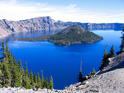 one of the bluest,clearest lakes in the world-crater lake is also one of the deepest. this is a color image  